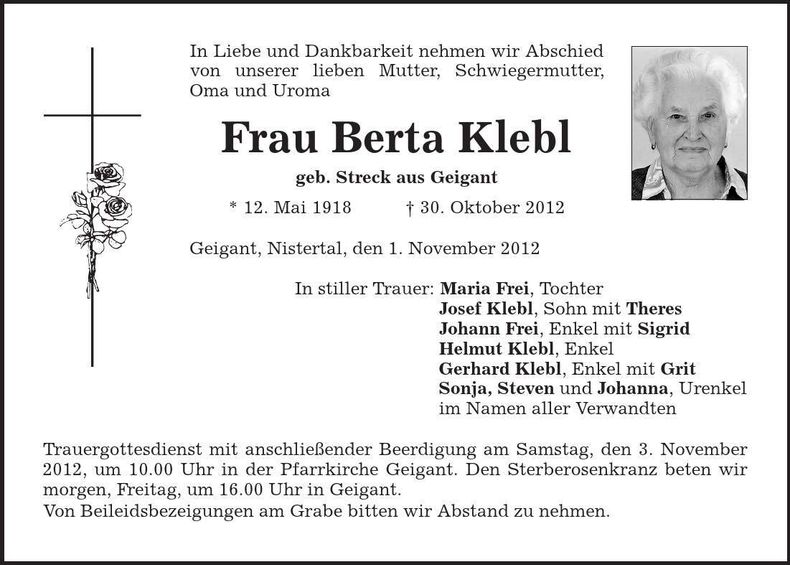Traueranzeige Berta Klebl