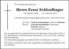 Traueranzeige Schleußinger Ernst