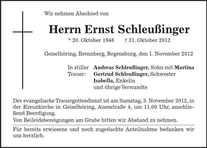 Traueranzeige Schleußinger Ernst