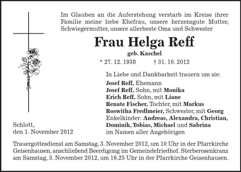 Traueranzeige Helga Reff
