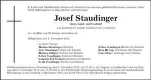 Traueranzeige Josef Staudinger