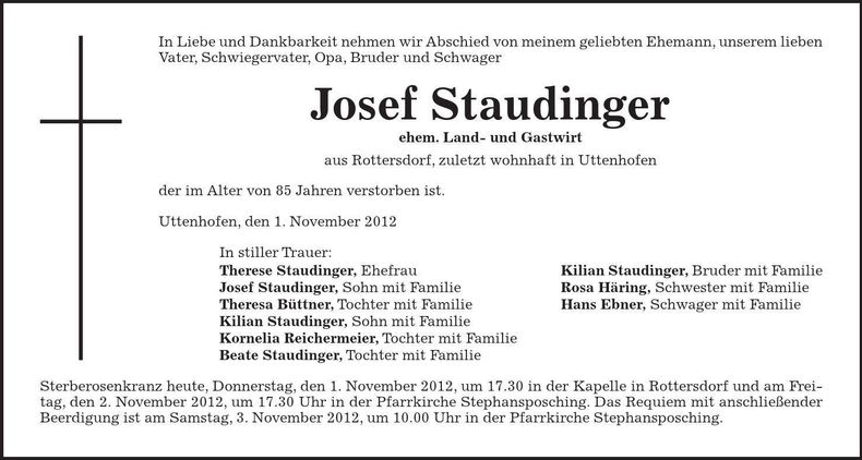 Traueranzeige Josef Staudinger