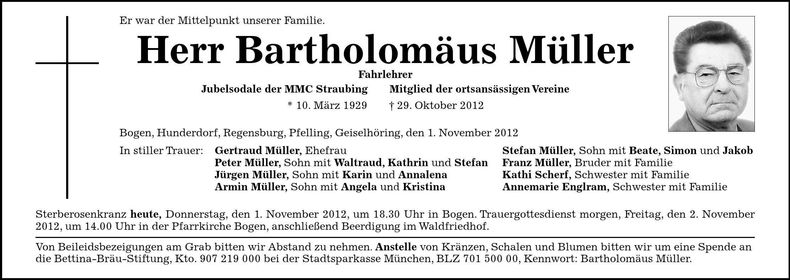 Traueranzeige Bartholomäus Müller
