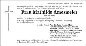 Traueranzeige Mathilde Amesmeier