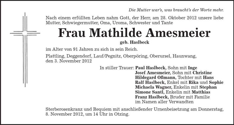 Traueranzeige Mathilde Amesmeier