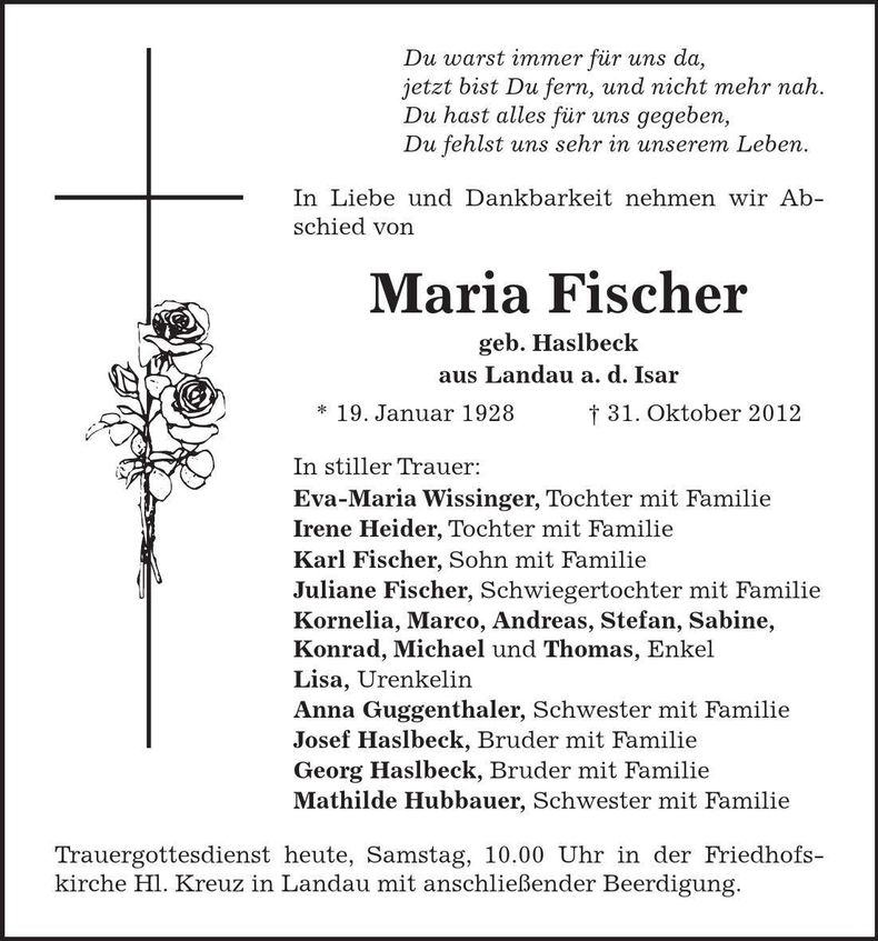 Traueranzeige Maria Fischer