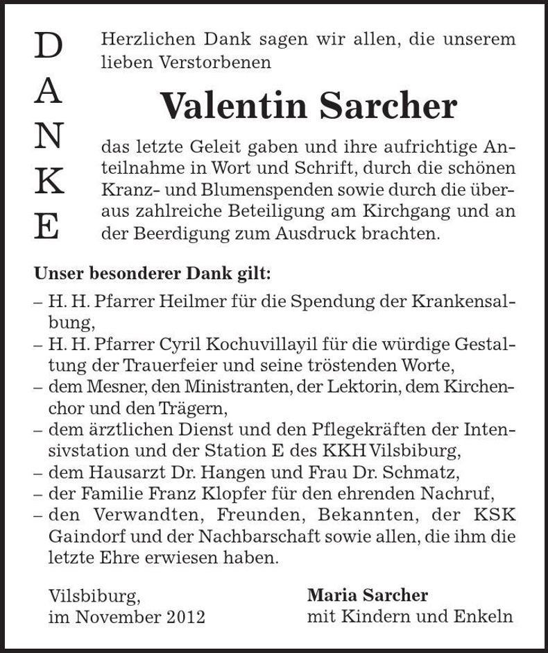 Traueranzeige Valentin Sarcher