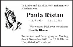 Traueranzeige Paula Ristau