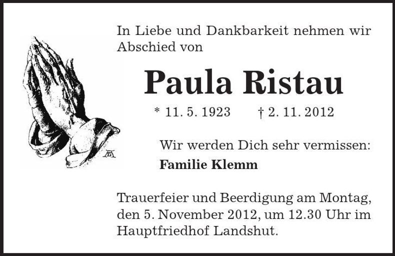 Traueranzeige Paula Ristau