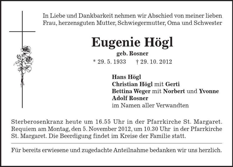 Traueranzeige Eugenie Högl