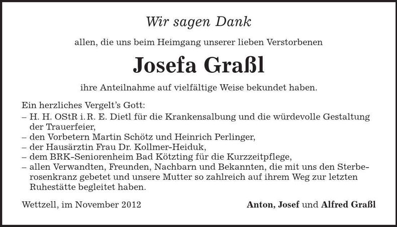 Traueranzeige Josefa Graßl