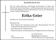 Traueranzeige Erika Geier
