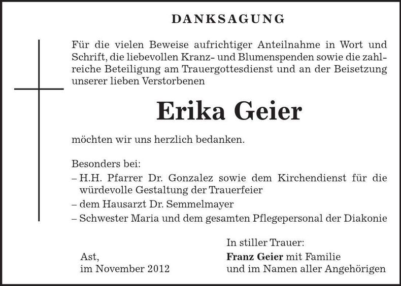Traueranzeige Erika Geier