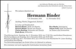 Traueranzeige Hermann Binder