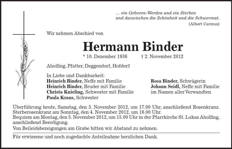 Traueranzeige Hermann Binder