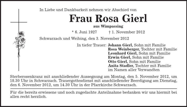 Traueranzeige Rosa Gierl