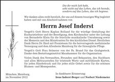 Traueranzeige Josef Inderst