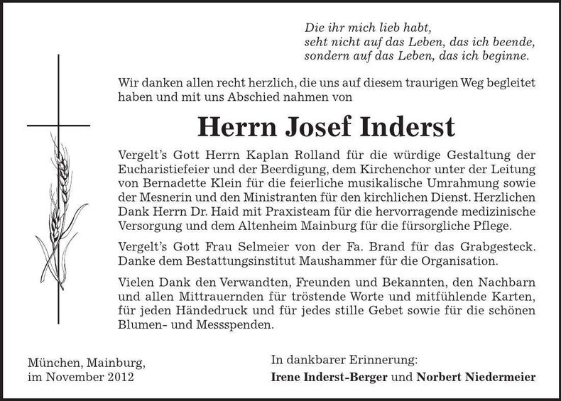 Traueranzeige Josef Inderst