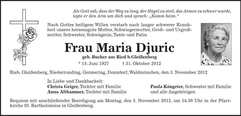 Traueranzeige Maria Djuric
