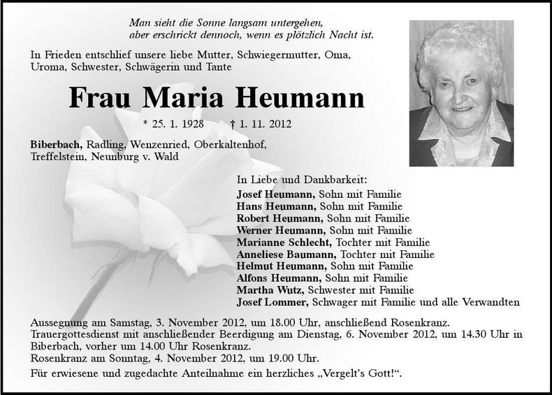Traueranzeige Maria Heumann