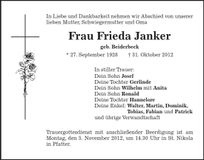 Traueranzeige Frieda Janker