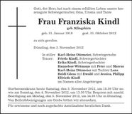 Traueranzeige Franziska Kindl