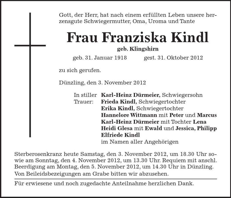 Traueranzeige Franziska Kindl