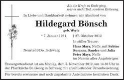 Traueranzeige Hildegard Bönsch