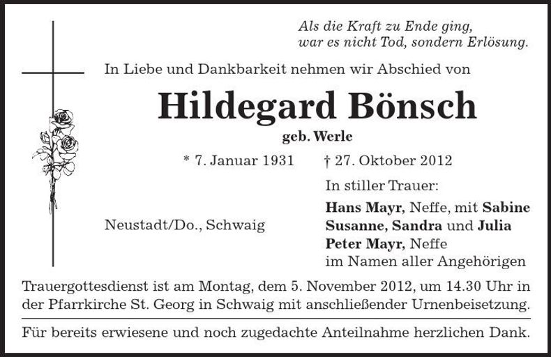 Traueranzeige Hildegard Bönsch