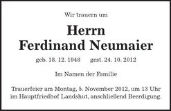 Traueranzeige Ferdinand Neumaier