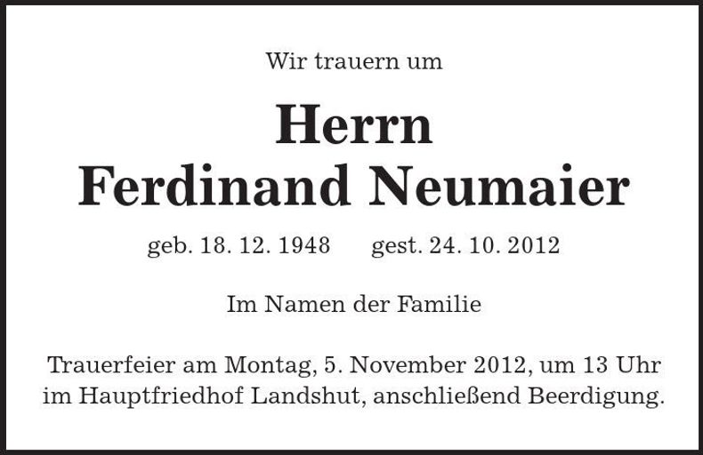 Traueranzeige Ferdinand Neumaier