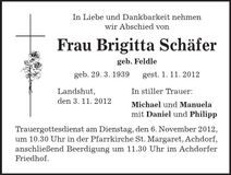 Traueranzeige Brigitta Schäfer