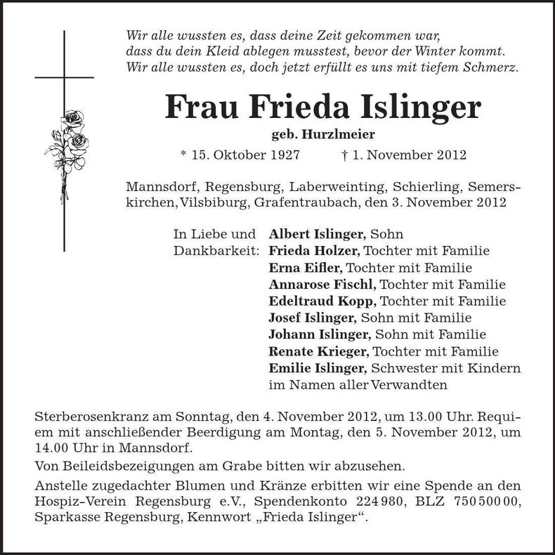 Traueranzeige Frieda Islinger
