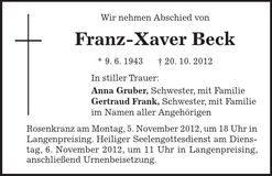 Traueranzeige Franz-Xaver Beck