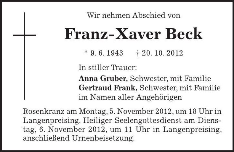 Traueranzeige Franz-Xaver Beck