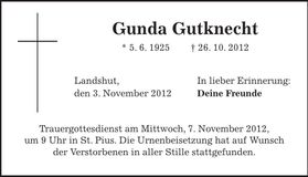 Traueranzeige Gunda Gutknecht