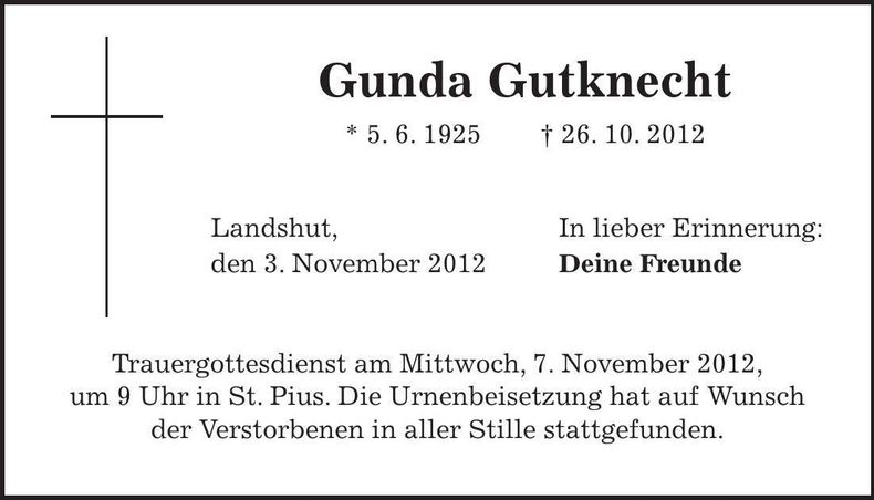 Traueranzeige Gunda Gutknecht