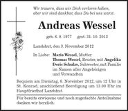 Traueranzeige Andreas Wessel