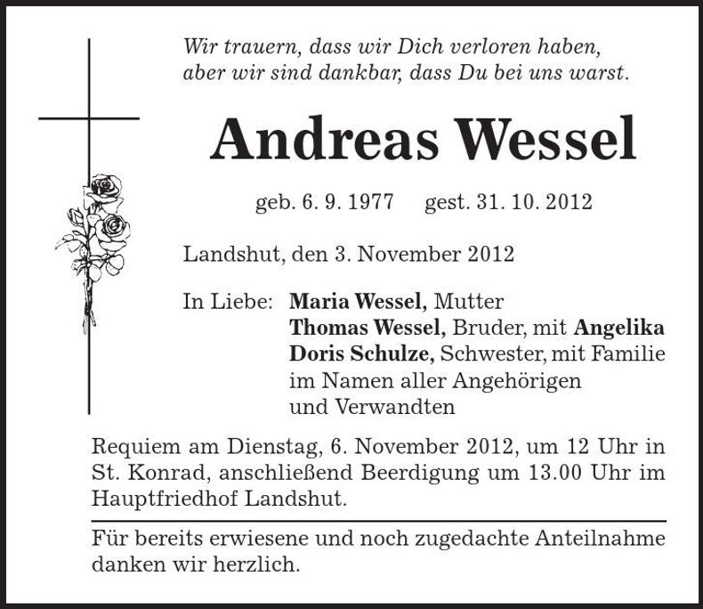 Traueranzeige Andreas Wessel