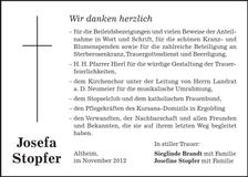 Traueranzeige Josefa Stopfer