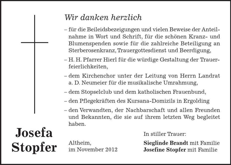 Traueranzeige Josefa Stopfer