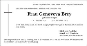 Traueranzeige Genoveva Brey