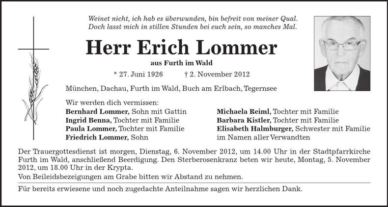 Traueranzeige Erich Lommer