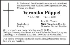 Traueranzeige Veronika Pöppel