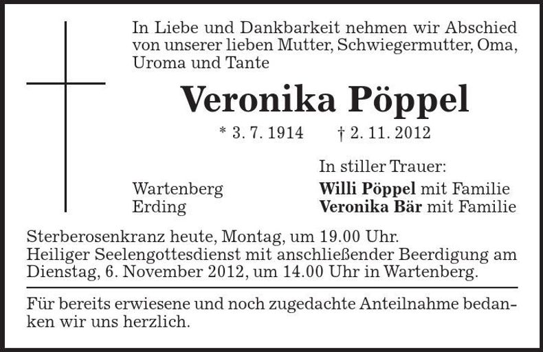 Traueranzeige Veronika Pöppel