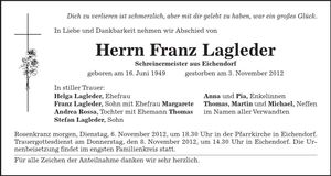 Traueranzeige Franz Lagleder