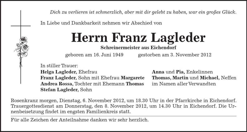 Traueranzeige Franz Lagleder