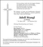 Traueranzeige Adolf Stangl