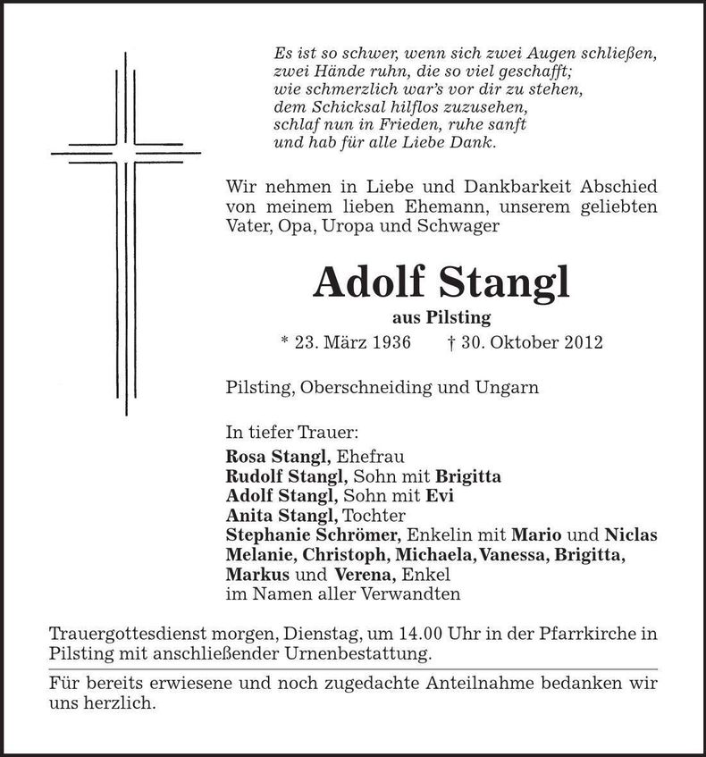 Traueranzeige Adolf Stangl