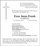 Traueranzeige Anna Frank